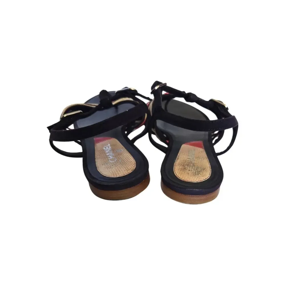 Chanel CC Pearl Logo Quiet Luxury Minimalist Navy Blue Gladiator Sandals 37.5